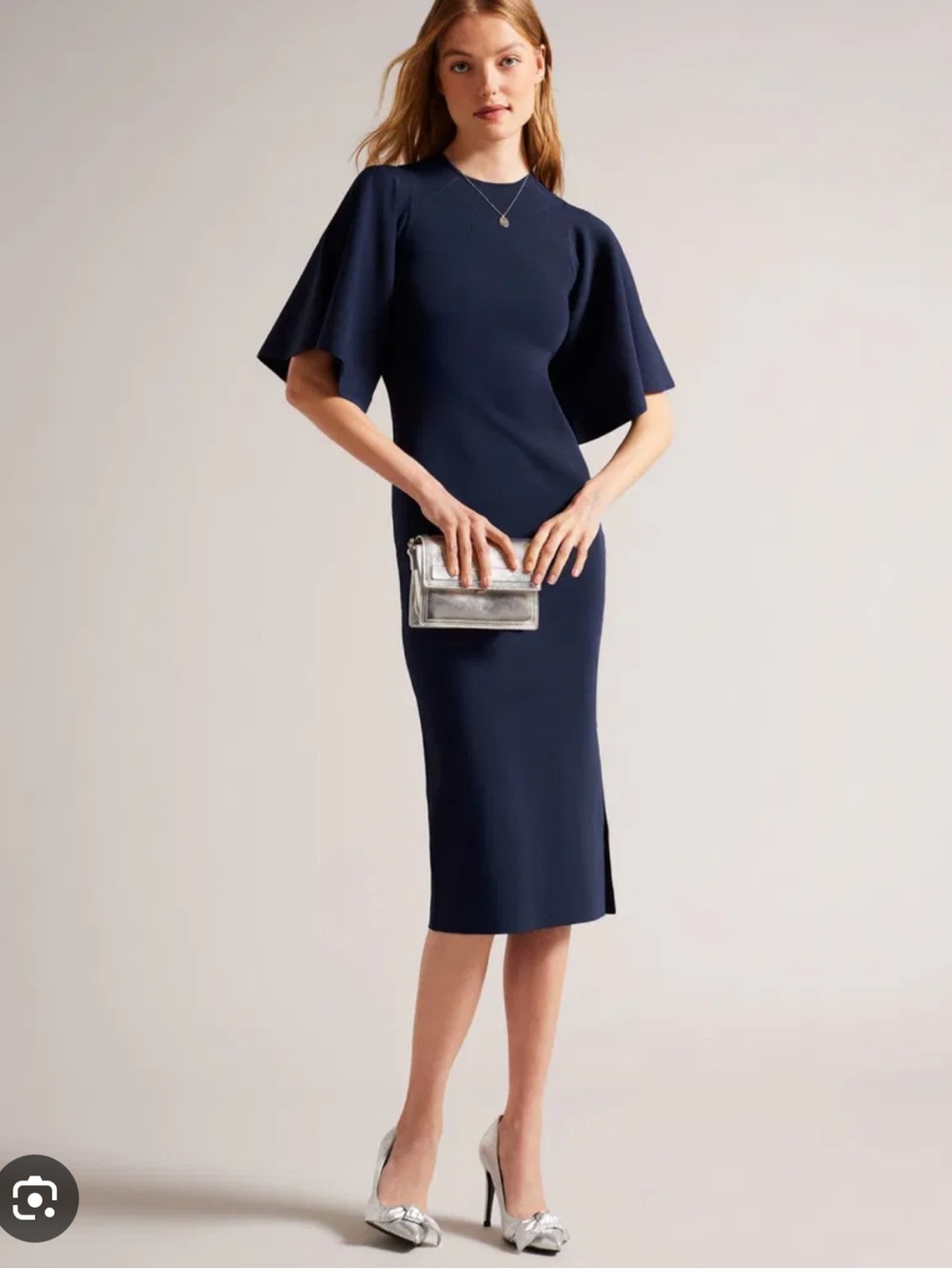 NWT Ted Baker London Lounia Fluted Sleeve Knitted Midi Dress Navy